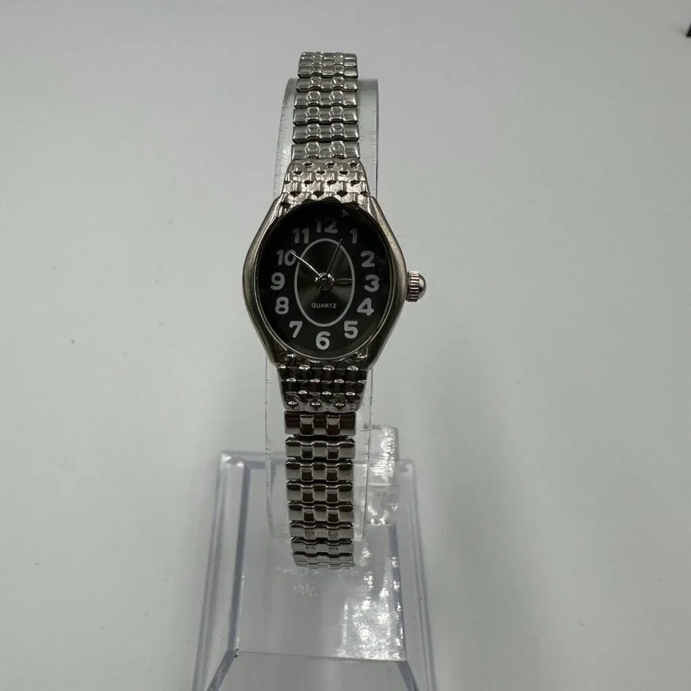3/$30 Oval Dial Watch Women Black Face Silver Stretch Band New Battery 6.25